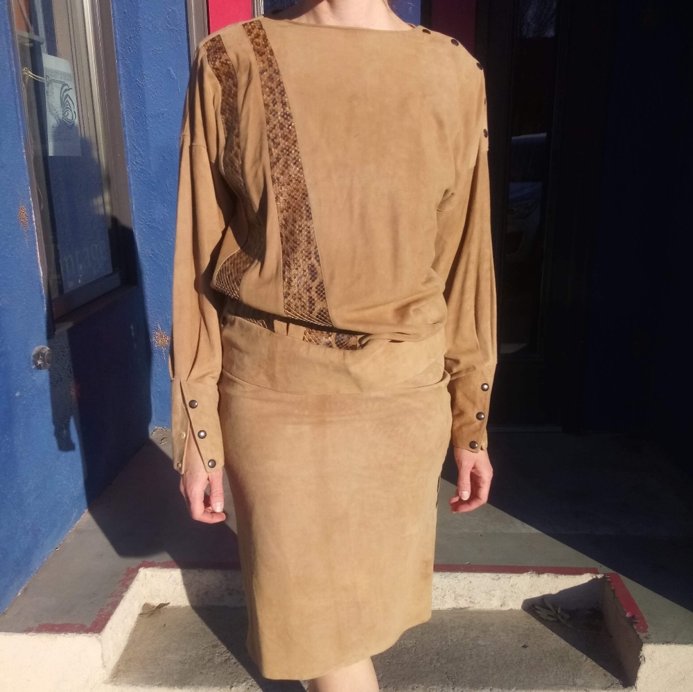VTG 80s M Suede Pencil Skirt&Dolman Blouse Set